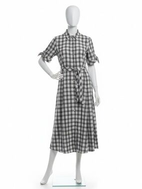 Calvin Klein Black and White Plaid Midi Shirt Dress with Tie Waist